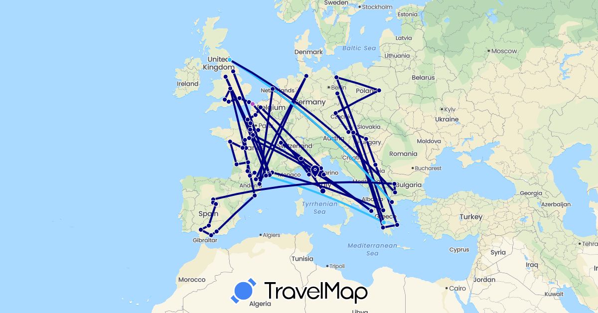 TravelMap itinerary: driving, train, boat in Austria, Bulgaria, Czech Republic, Germany, Spain, France, United Kingdom, Greece, Hungary, Italy, Netherlands, Poland, Serbia, Slovakia (Europe)